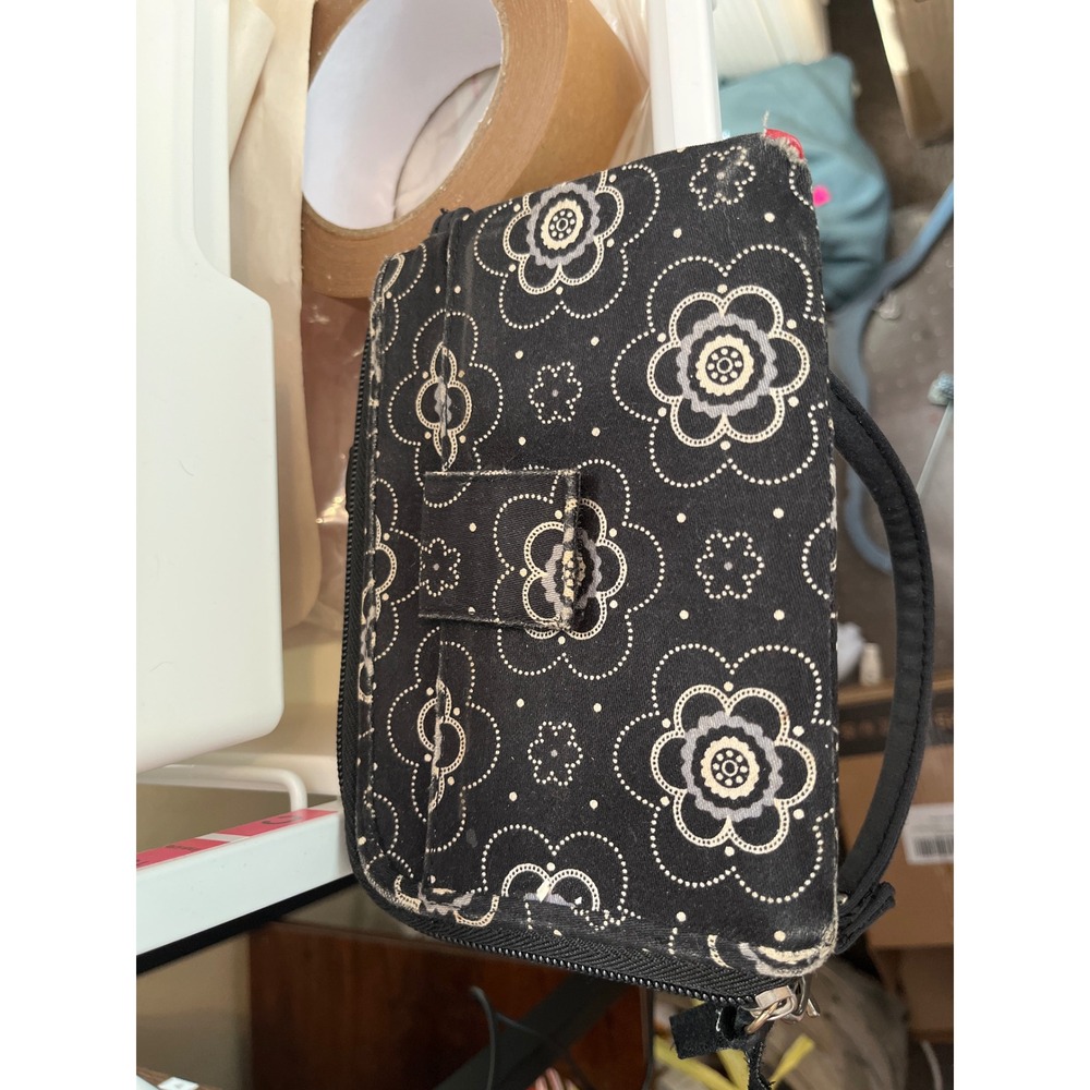 Thirty-One Black White Floral Medallion Zip Around Wristlet Wallet Organizer
